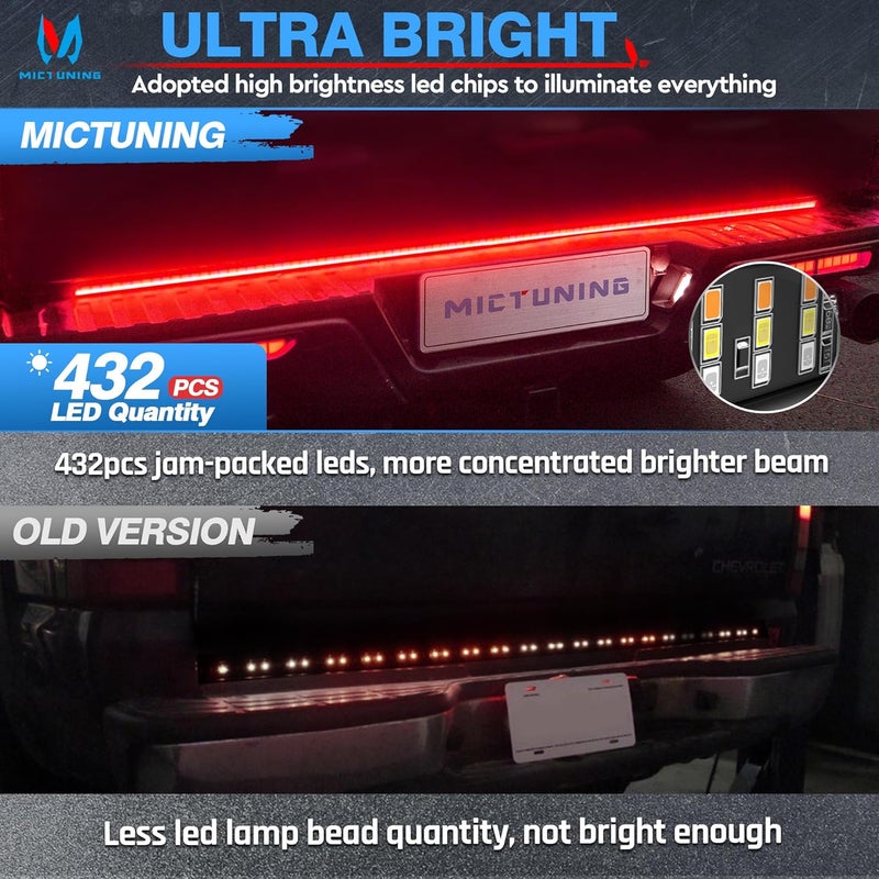 MICTUNING 60 inches Triple Row 432 LEDs Tailgate Strip Light Waterproof with 4-Way Flat Connector - 5 Functions Sequential Amber Turn Signal, Red Brake Running, White Reverse Lights - Image 3